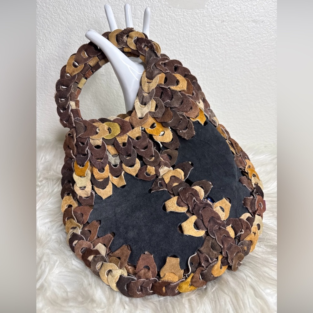 Vintage 70s Patchwork Suede Top Handle Hobo Bag Spain Unique